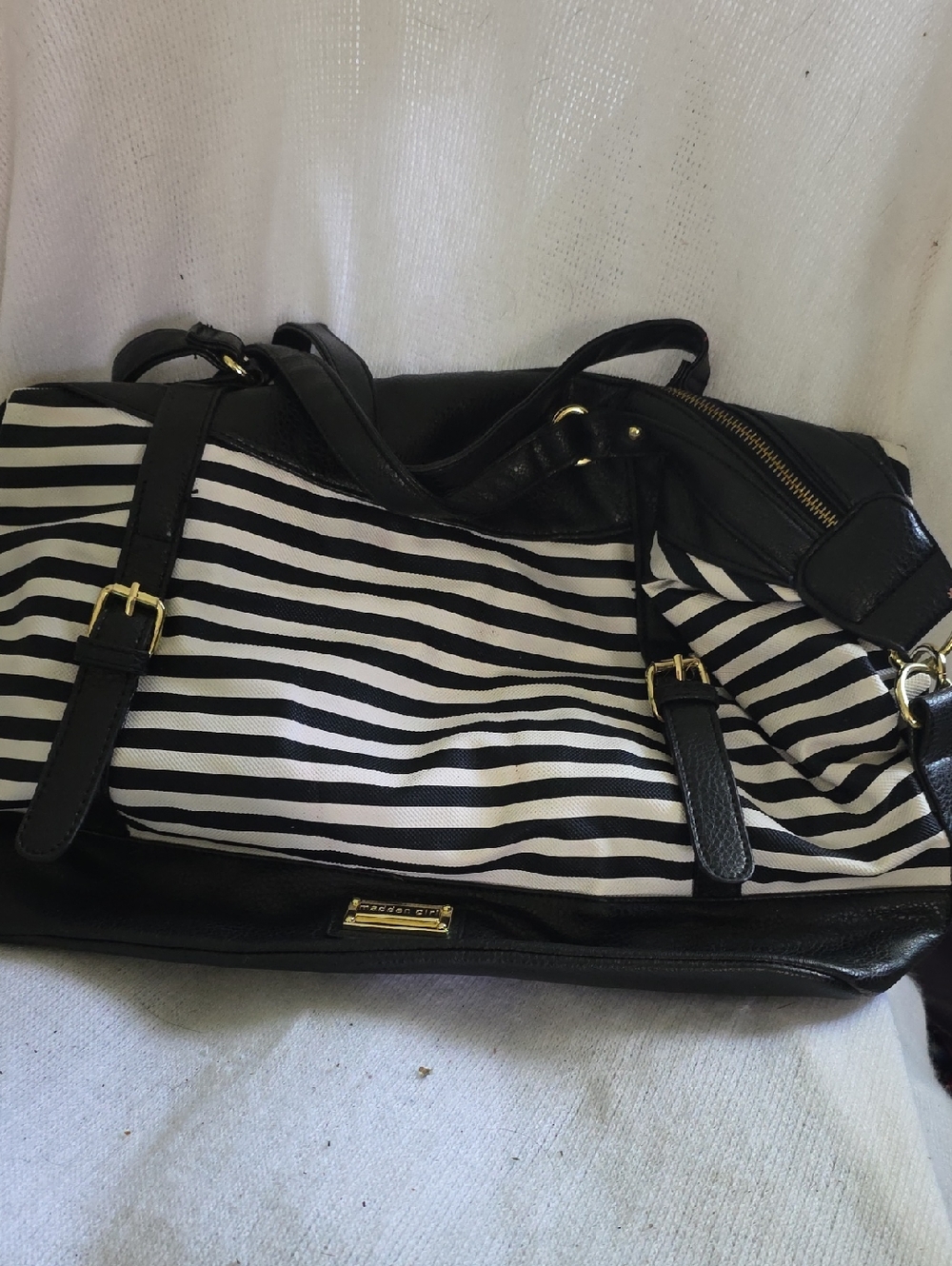 Madden Girl Black and White Striped Tote with Gold Hardware